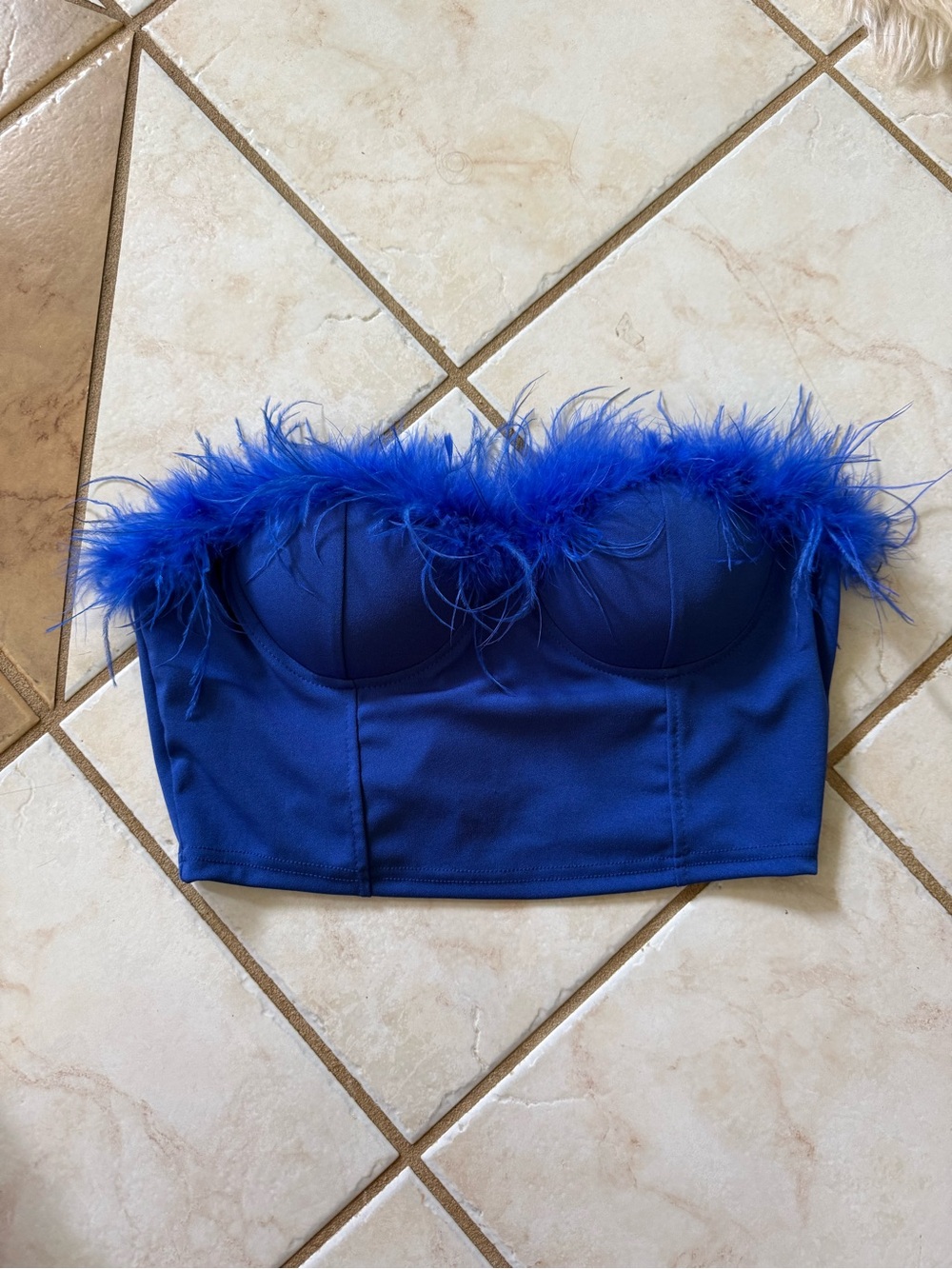 Blue Feather Trim Strapless Bustier Top